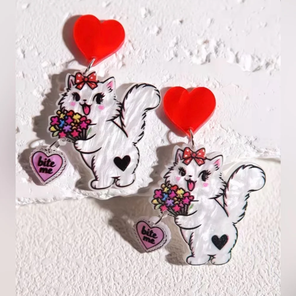 BITE ME BABY 💘 Acrylic Sassy Kitty Cat Statement Earrings - Picture 8 of 10